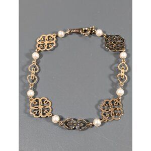 Vintage Avon Hearts and Lace Bracelet Gold Tone Faux Pearl Chain 6.5" Delicate